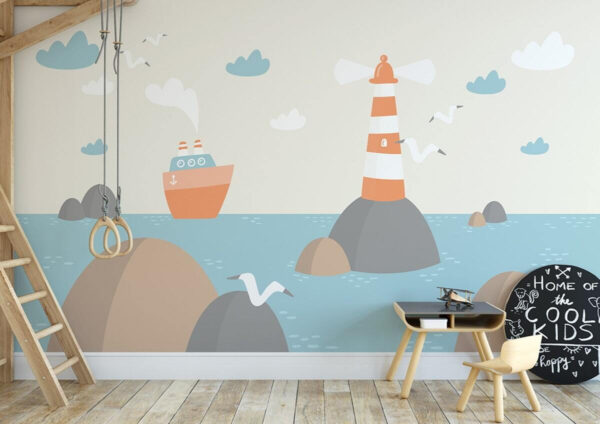 Cartoon of a lighthouse and a boat Wall murals Cartoon of a lighthouse and a boat