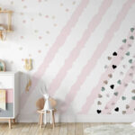 Wall murals Pink and white striped background with small hearts