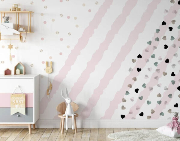 Pink and white striped background with small hearts Wall murals Pink and white striped background with small hearts