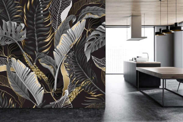 Elegant tropical leaves on dark background Wall murals Elegant tropical leaves on dark background