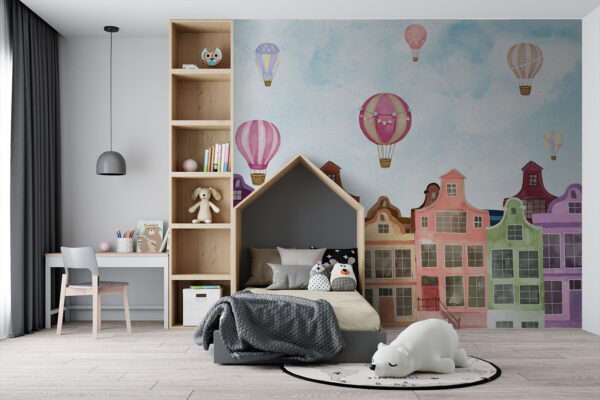 Group of buildings with hot air balloons Wall murals Group of buildings with hot air balloons