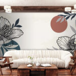 Wall murals White background with black and white flowers and leaves