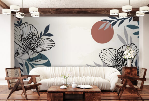 White background with black and white flowers and leaves Wall murals White background with black and white flowers and leaves