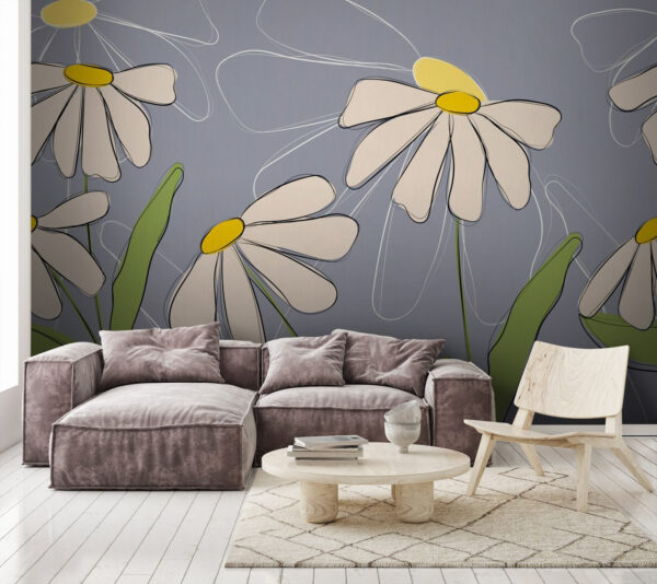 Drawing of flowers on a grey background Wall murals Drawing of flowers on a grey background