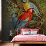 Wall murals Group of colorful birds on a tree branch