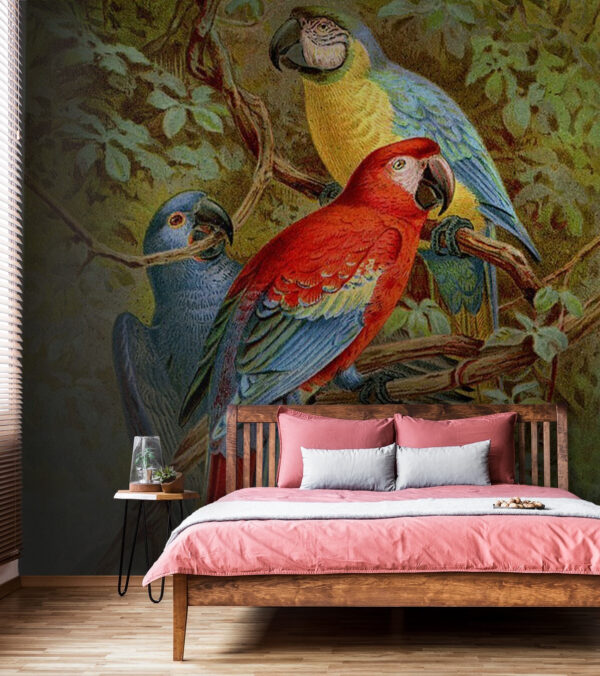 Group of colorful birds on a tree branch Wall murals Group of colorful birds on a tree branch