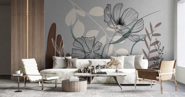 Drawing of flowers and leaves Wall murals Drawing of flowers and leaves