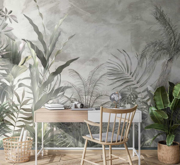Tropical leaves in misty garden Wall murals Tropical leaves in misty garden