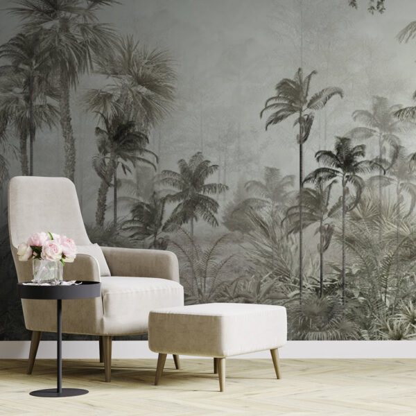 Group of palm trees in a foggy forest Wall murals Group of palm trees in a foggy forest
