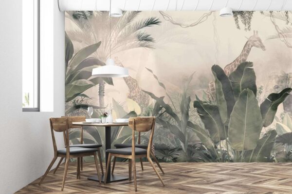 Giraffes in a forest with trees and plants Wall murals Giraffes in a forest with trees and plants