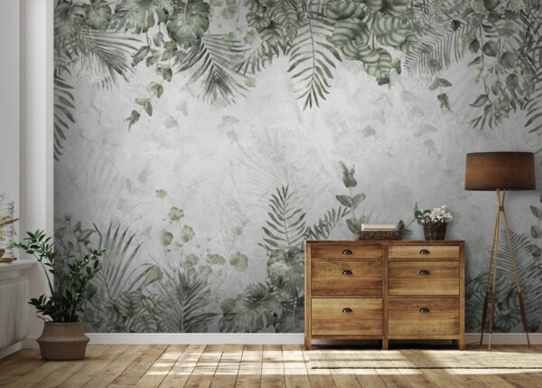 Tropical leaves on textured background Wall murals Tropical leaves on textured background