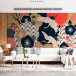 Wall murals Cranes soar above decorative blossoms.