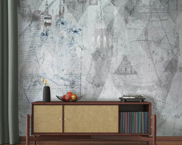 Grey and white wallpaper with drawings Wall murals Grey and white wallpaper with drawings
