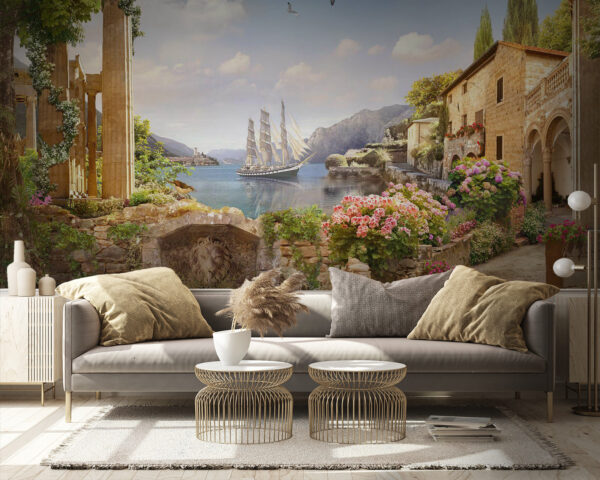 Stone building with a boat in the water Wall murals Stone building with a boat in the water