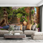 Wall murals Stone path with a fountain and stairs and flowers