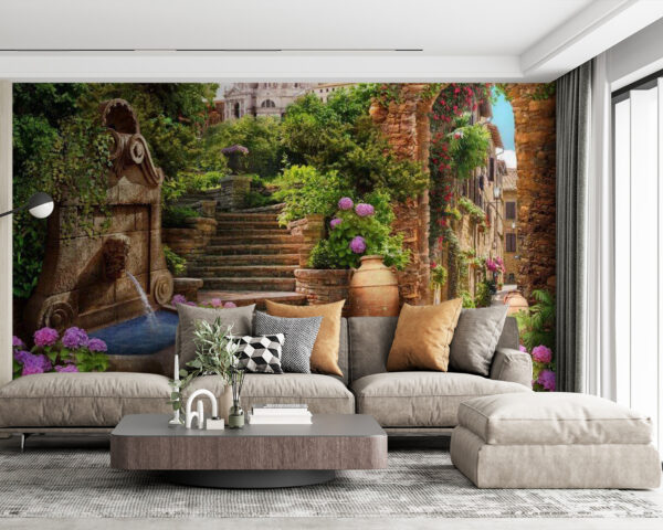 Stone path with a fountain and stairs and flowers Wall murals Stone path with a fountain and stairs and flowers