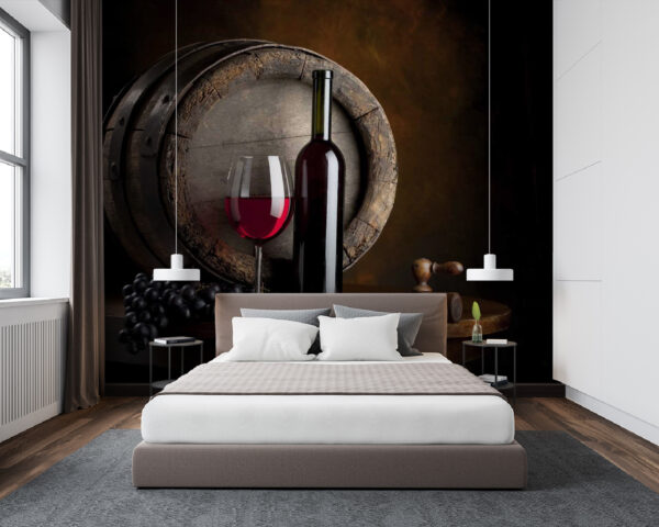 Wine bottle and glass on a table Wall murals Wine bottle and glass on a table