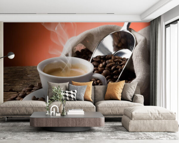 Cup of coffee with steam and coffee beans Wall murals Cup of coffee with steam and coffee beans