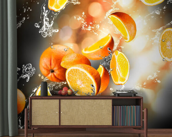 Oranges falling into water with water splashing Wall murals Oranges falling into water with water splashing