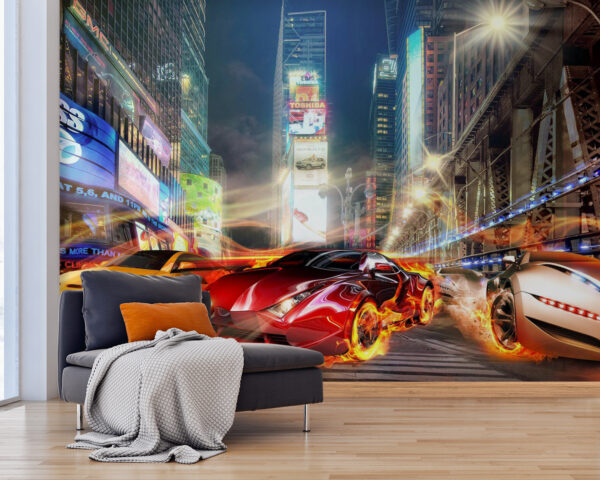 Red sports car on fire Wall murals Red sports car on fire