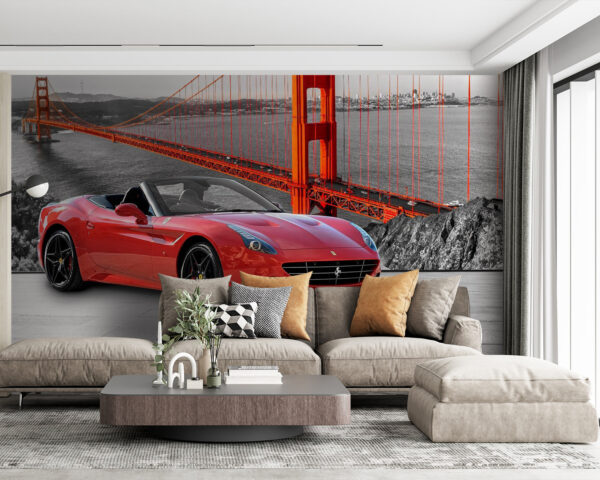 Red sports car on a road with a bridge in the background Wall murals Red sports car on a road with a bridge in the background