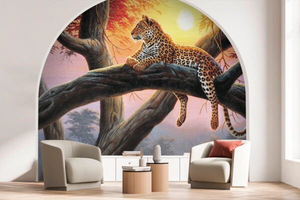 Leopard lounging on tree at sunset Wall murals Leopard lounging on tree at sunset