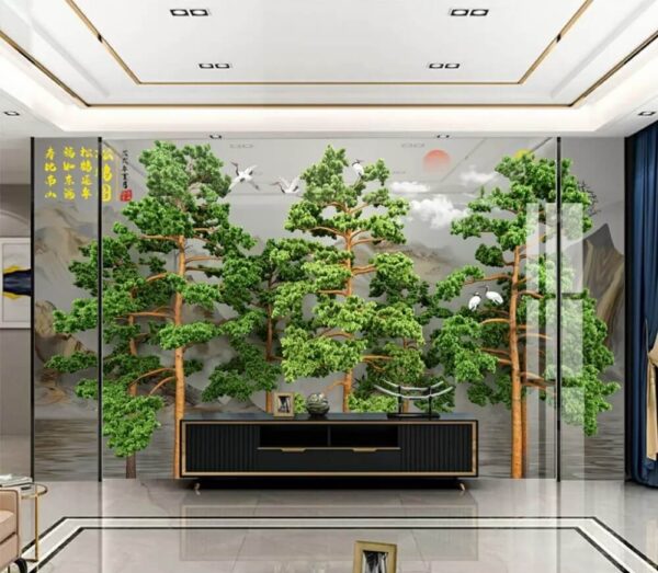 Group of trees with birds flying above them Wall murals Group of trees with birds flying above them