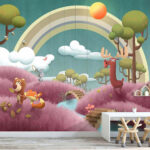 Wall murals Cartoon scene with animals and a river