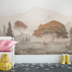 Wall murals Painting of a forest with trees and mountains
