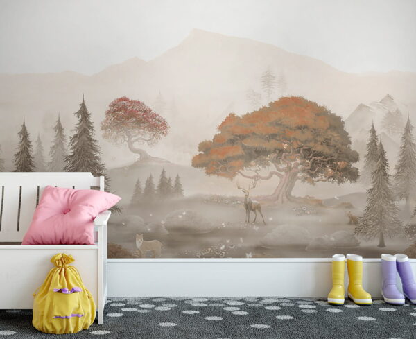 Painting of a forest with trees and mountains Wall murals Painting of a forest with trees and mountains