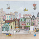 Wall murals Group of buildings with cars and airplanes