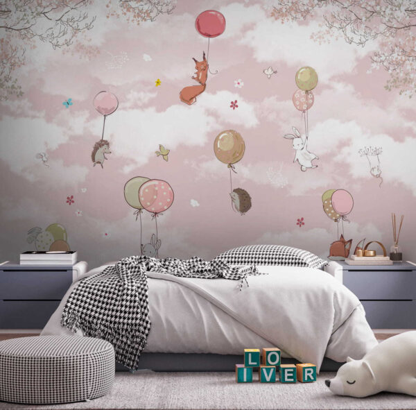 Animals floating with colorful balloons Wall murals Animals floating with colorful balloons