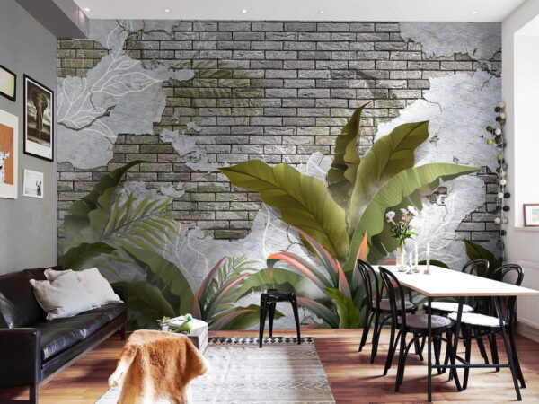Brick wall with leaves and a brick wall Wall murals Brick wall with leaves and a brick wall
