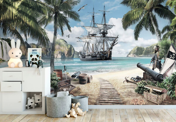 Wall murals Pirate ship anchored on scenic beach