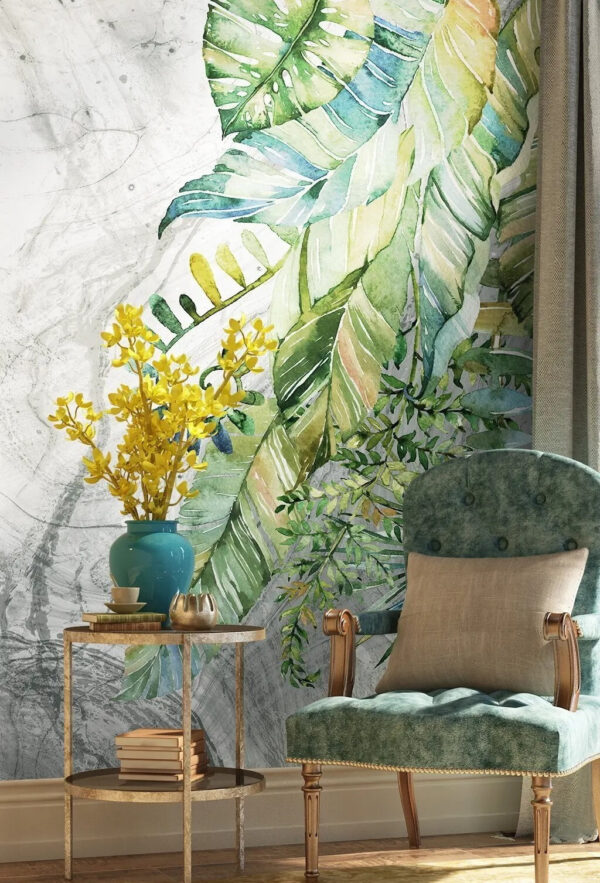 Painting of leaves on a marbled surface Wall murals Painting of leaves on a marbled surface