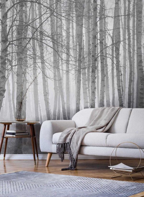 Group of trees in a foggy forest Wall murals Group of trees in a foggy forest