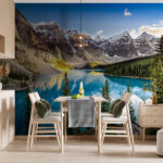Wall murals Body of water with trees and mountains in the background
