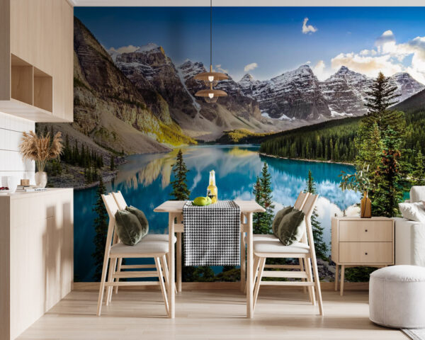 Body of water with trees and mountains in the background Wall murals Body of water with trees and mountains in the background