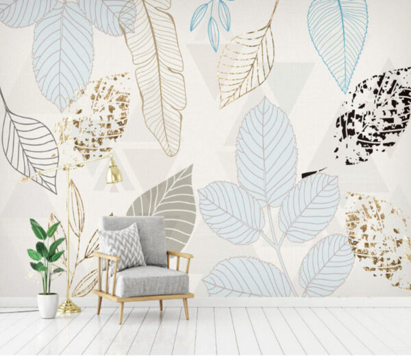 Colorful outlined leaves on pattern Wall murals Colorful outlined leaves on pattern