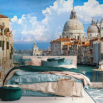 Wall murals Water way with boats and buildings in the background