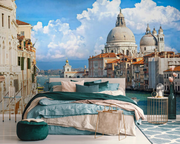Water way with boats and buildings in the background Wall murals Water way with boats and buildings in the background