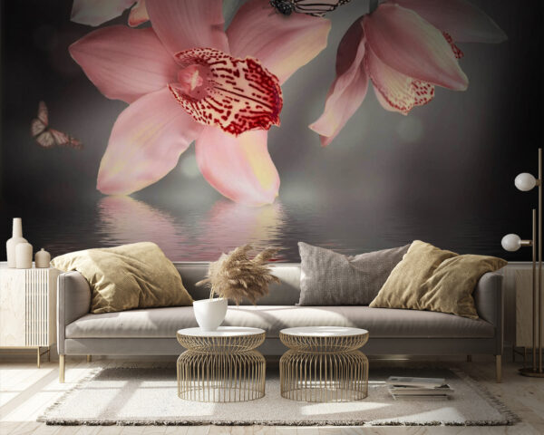 Pink orchids and butterflies on a branch Wall murals Pink orchids and butterflies on a branch