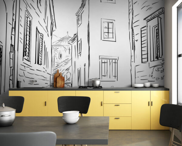 Drawing of a street with buildings Wall murals Drawing of a street with buildings