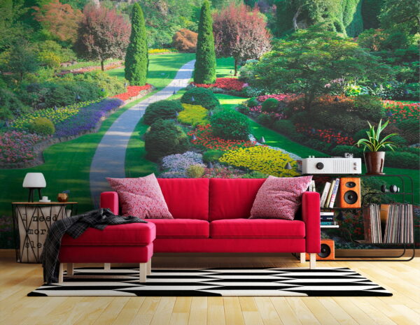 Garden with many flowers and trees Wall murals Garden with many flowers and trees