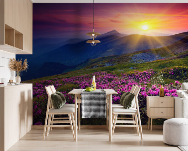 Field of flowers with the sun setting behind it Wall murals Field of flowers with the sun setting behind it