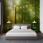 Wall murals Sunlight streams through lush forest
