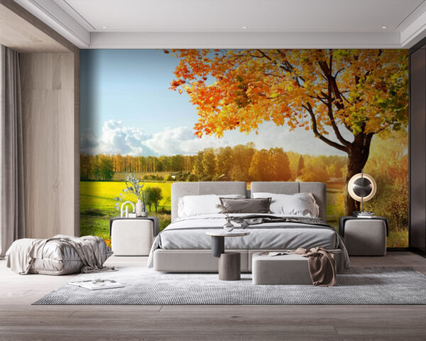 Tree with orange leaves in a field Wall murals Tree with orange leaves in a field