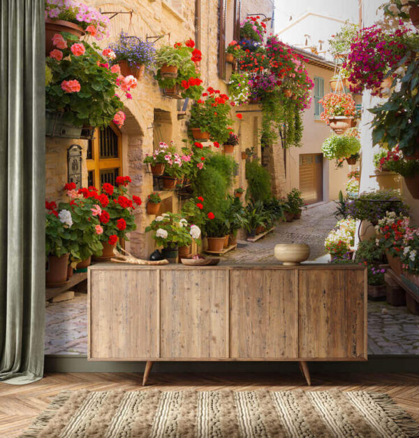 Charming alley with vibrant flowers Wall murals Charming alley with vibrant flowers