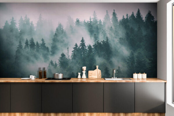 Foggy forest with trees Wall murals Foggy forest with trees