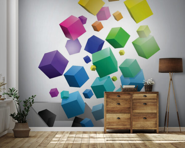 Colorful cubes floating from box Wall murals Colorful cubes floating from box
